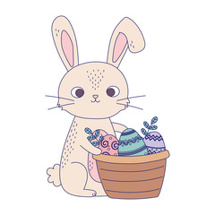 happy easter day, rabbit with basket eggs leaves cartoon