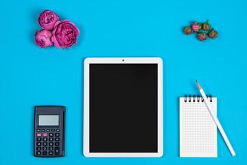 top view of the workspace on a blue background. calculator, Notepad, pencil, screen and pink flower buds