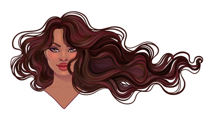 Beautiful woman with long wavy hair flowing in the wind. Hair salon concept. vector illustration isolated. Portrait of a young African American woman. Glamour Fashion concept.