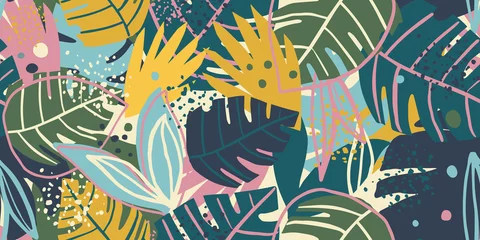 Wall murals Paradise tropical flower Contemporary exotic leaves seamless pattern collage design. Creative tropical leaf wallpaper.