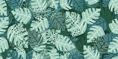 Creative doodle monstera line leaves seamless pattern. Philodendron plant. © smth.design