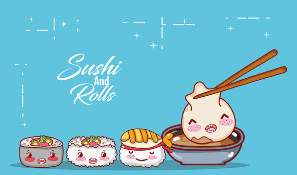 kawaii dumpling in sauce shushi rice soup food japanese cartoon, sushi and rolls