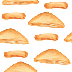 Watercolor puff, bun, bread seamless pattern. Bakery elements on white background.  Illustration for menu, catalog, restaurant, cartoon, game, kitchen, textile, decor.