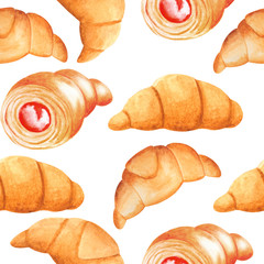 Watercolor croissant seamless pattern. Bakery elements on white background.  Illustration for menu, catalog, restaurant, cartoon, game, kitchen, textile, decor.