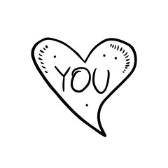 Love you speech bubble design. Chat, text. Cartoon doodle hand drawn vector illustration, sticker, icon, design element. Black monochrome design. Isolated on white background. Easy to change color.