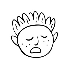 Man, boy face, negative emotion cartoon doodle hand drawn vector illustration, sticker, icon, design element. Black monochrome design. Isolated on white background. Easy to change color. Emoji, sad.