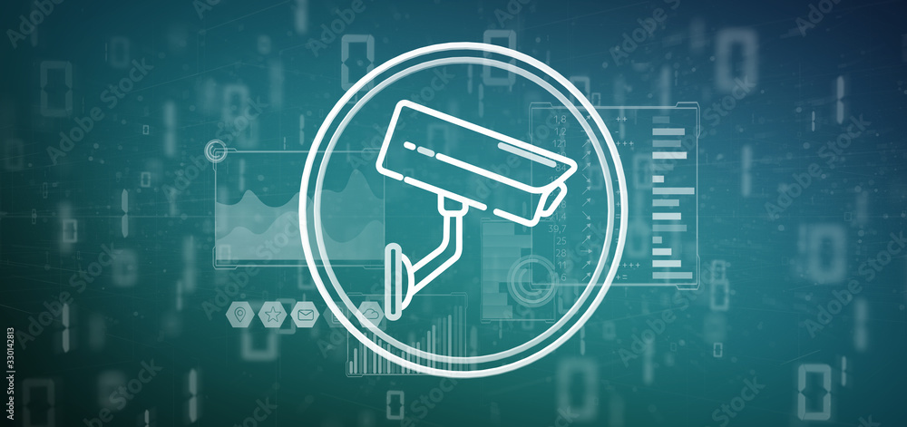 Poster security camera system icon and statistics data - 3d rendering