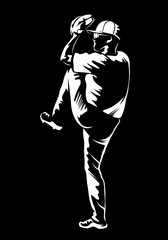 Baseball player. Baseball cap. Hitter swinging with bat. Abstract isolated vector silhouette. Iink drawing