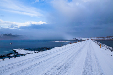 winter landscape with road and snow Iceland