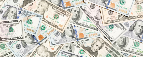 Top view of various dollar cash background. Different banknotes concept. Wealth and rich concept