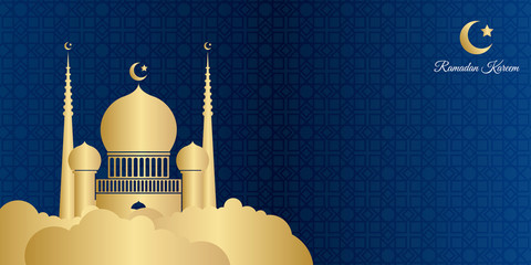 Ramadan Kareem Background. Eid Mubarak.  Ramadan Kareem background with crescent, stars and glowing clouds 