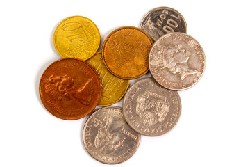 coins of different countries of the world numismatics on a white background isolate, top view