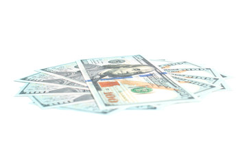 hundred dollar bills lie in the shape of a circle on a white background isolate, side view
