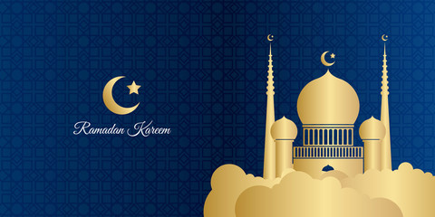 Ramadan Kareem Background. Eid Mubarak.  Ramadan Kareem background with crescent, stars and glowing clouds 