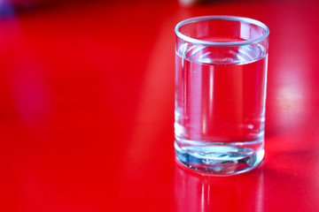 Glass of drinking water on reed table and free space for add text