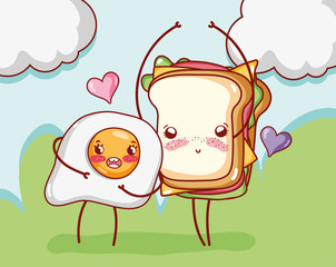 breakfast cute fried egg and sandwich cartoon