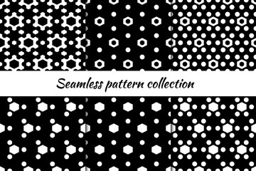 Hexagons, circles, figures seamless patterns collection. Folk prints. Ethnic ornaments set. Tribal wallpapers kit