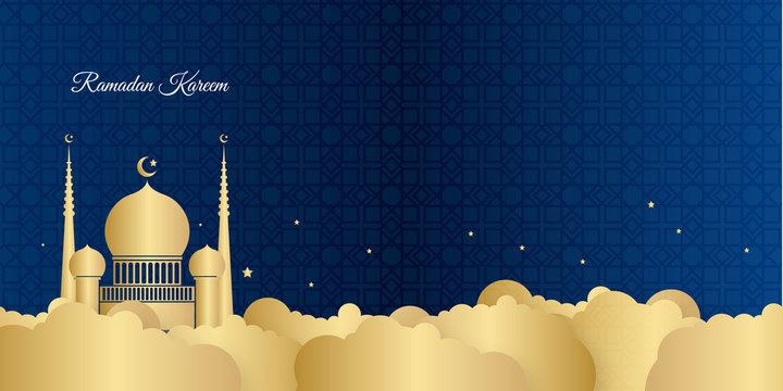 Ramadan Kareem Background. Eid Mubarak.  Ramadan Kareem background with crescent, stars and glowing clouds  - Powered by Adobe