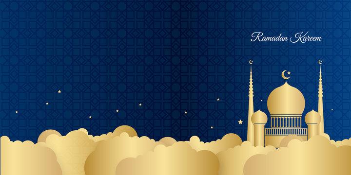 Ramadan Kareem Background. Eid Mubarak.  Ramadan Kareem background with crescent, stars and glowing clouds  - Powered by Adobe