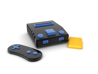 3D Rendering of retro gaming console with yellow cartridge