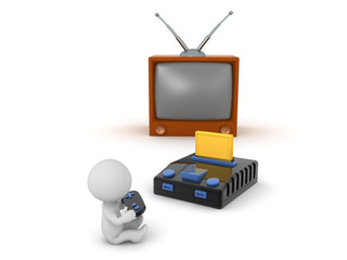 3D Character playing on retro video game console and old TV