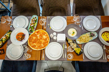 focus on glasses. Banquet table in the restaurant, the preparation before the banquet