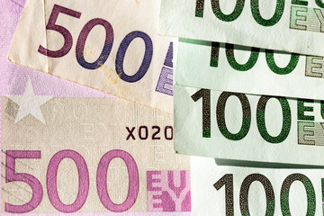 Detail of 100 and 500 euro banknotes