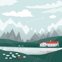 View on mountain's landscape. Travel, vacation, rest on fresh air. House near the lake on the hills. A dog and flock of sheep. Background template with nature.
