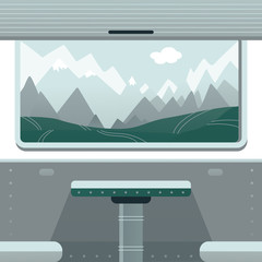 View from window of a train on mountain's landscape. Travel vacation on the railway.