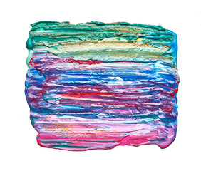 Fototapeta premium Texture and strokes of multicolored acrylic paint with sparkles on a white background