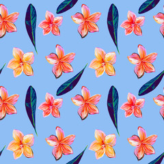 Frangipani Plumeria Tropical Flowers. Seamless Pattern Background. Tropical floral summer seamless pattern blue background with plumeria pink flowers with violet leaves