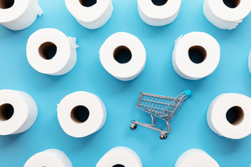 Roll of white toilet paper with a shopping cart on a blue background
