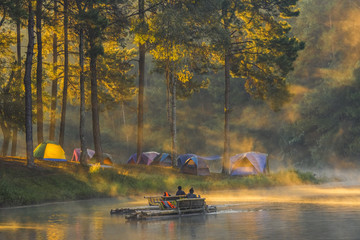 Fototapeta premium Tent (Tourist tent in the forest with the lake )
