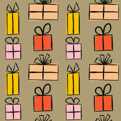 Seamless pattern for gift wrapping paper. Brown background with Yellow-orange gift boxes with bows. Hand-drawn gift boxes in doodle style. Vector illustration