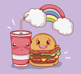 fast food cute tasty burger plastic cup and rainbow clouds cartoon