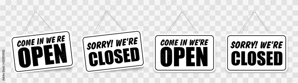 Poster come in we're open or closed in signboard with a rope on transparent background. vector