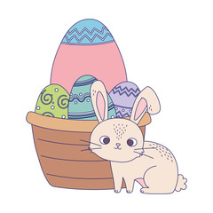 happy easter day, rabbit basket with decorative eggs celebration