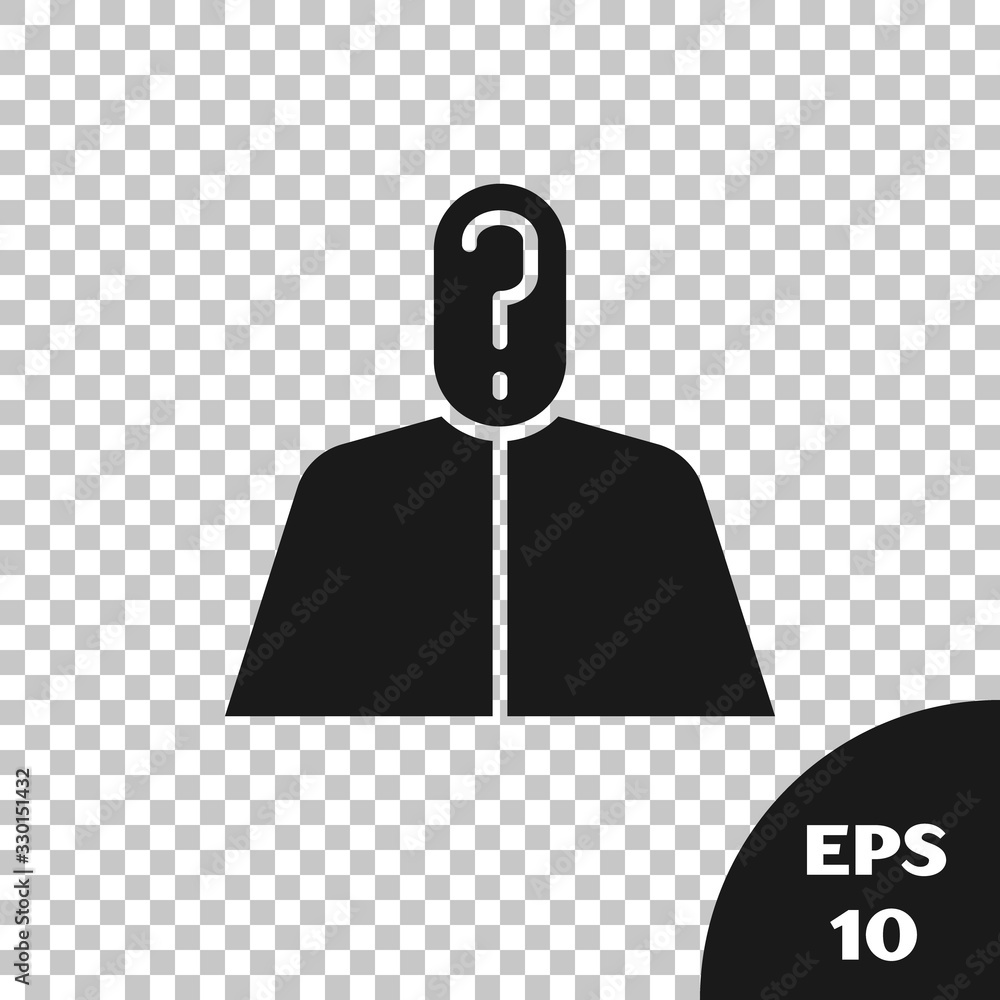 Poster black anonymous man with question mark icon isolated on transparent background. unknown user, incogn