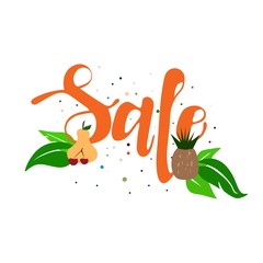 Sale word in orange colour with fruits, leaves and some colourful spots.
