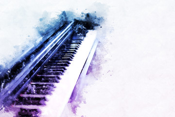 Abstract beautiful keyboard of the piano foreground Watercolor painting background and Digital illustration brush to art - obrazy, fototapety, plakaty