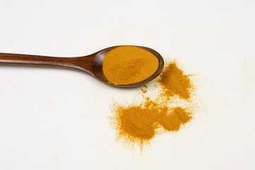 Turmeric powder in a separate wooden spoon on a white background is an ingredient in turmeric foods and ingredients in skin care products. Turmeric helps the skin to be strong.