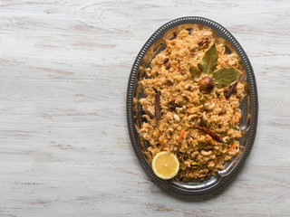 Traditional Arabic Basmati rice with vegetables. Arabic cuisine. Vegetable Biryani.