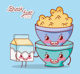 breakfast cute bowl with cereal and milk box cartoon