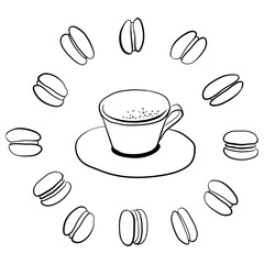 Cappuccino and macaroons in sketchy style isolated on white background. Hand drawn vector illustration