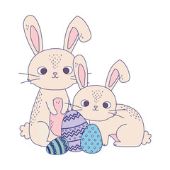 happy easter day, rabbits and decorative eggs nature