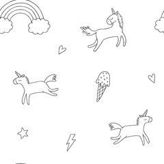 linear seamless pattern with unicorns and rainbow. Black-white background in cartoon characters.