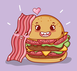 fast food cute double burger and bacon cartoon