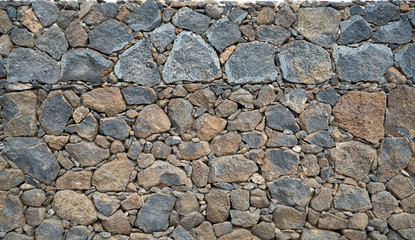 Beschaffenheit einer grauen und schwarzen Lava-Natursteinmauer als abstrakter Hintergrund