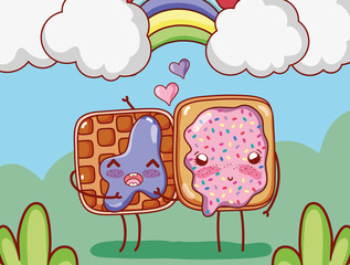 breakfast cute bread with jam and waffle with in syrup park cartoon