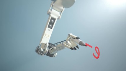 Futuristic robot arm writing on the glass  Einstein`s most famous formula. 4k - Powered by Adobe